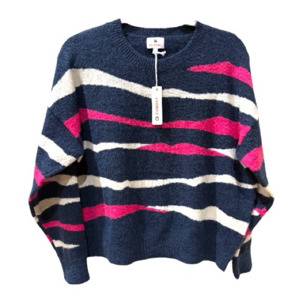 SUNDRY NWT Navy and Hot Pink Wavy Striped Sweater